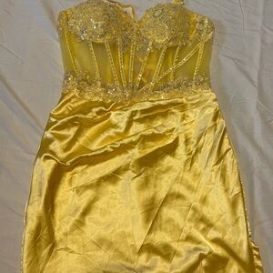 Yellow Satin Corset Lace Up Mini Dress Embellished Sequin Party Dress M/L